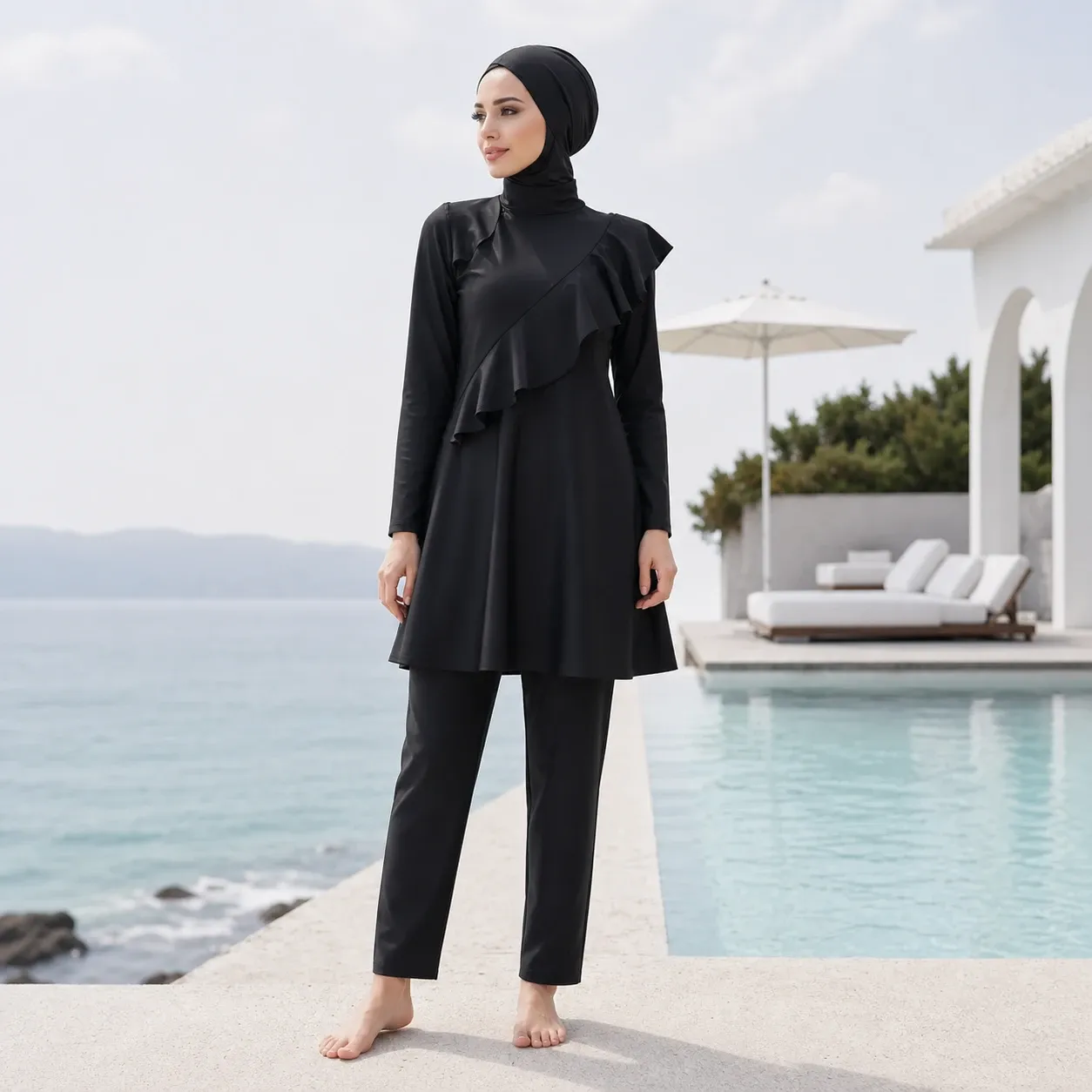 Burkini noir long à volant asymétrique – Signature — face