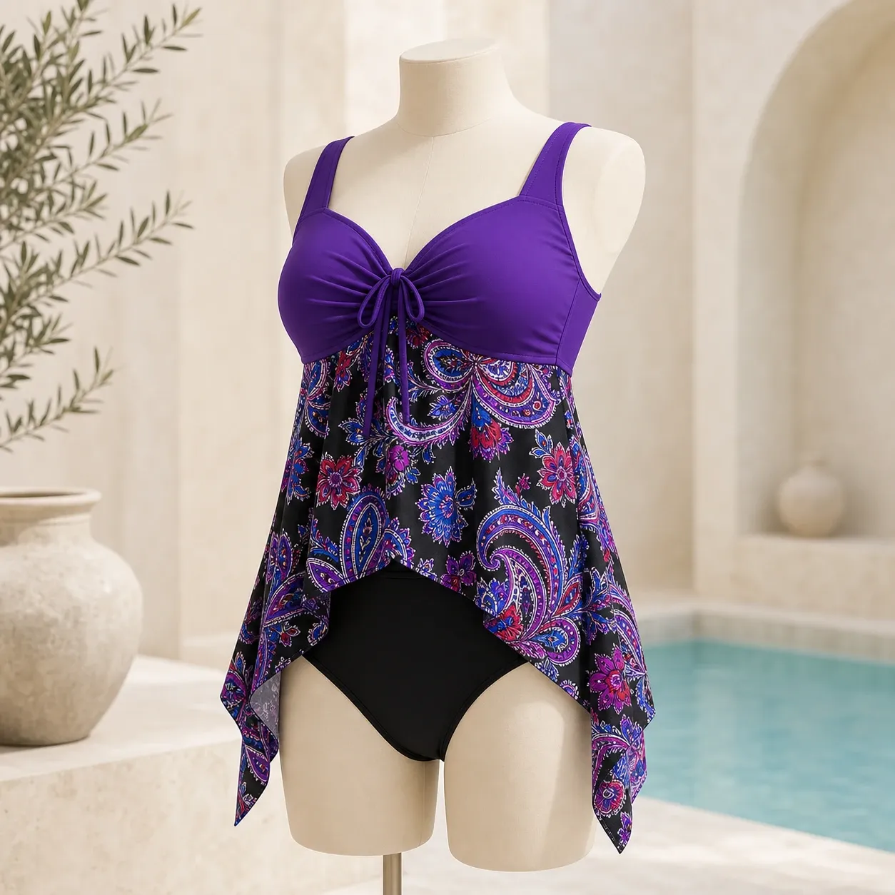 Tankini cache-ventre violet à pans asymétriques — face